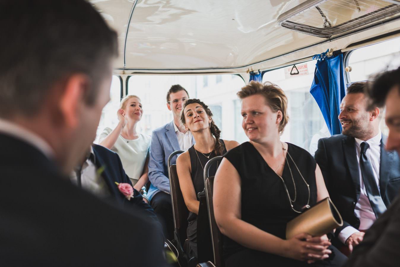 passagers in bus smile wedding