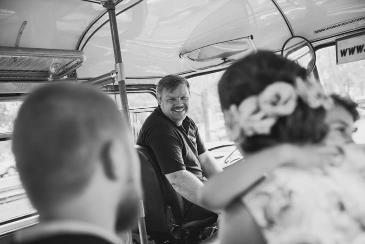 black and white bus driver smile wedding